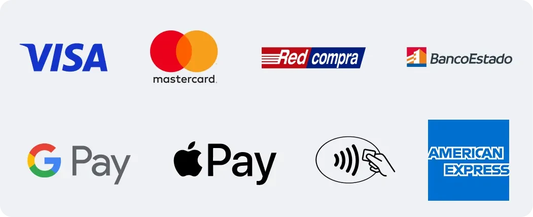 Medios de pago: Visa, Mastercard, Redcompra, BancoEstado, Google Pay, Apple Pay, pago sin contacto y American Express